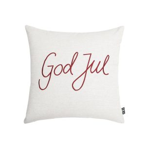 Kuddfodral God Jul, linnefärg & broderad text, återvunnet material – Wasa Ecotextil